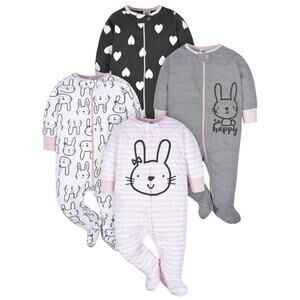 Gerber Baby Girls 6-9M Black Bunny 4 Pack Sleep 'n Play Footed Pajamas J15-17